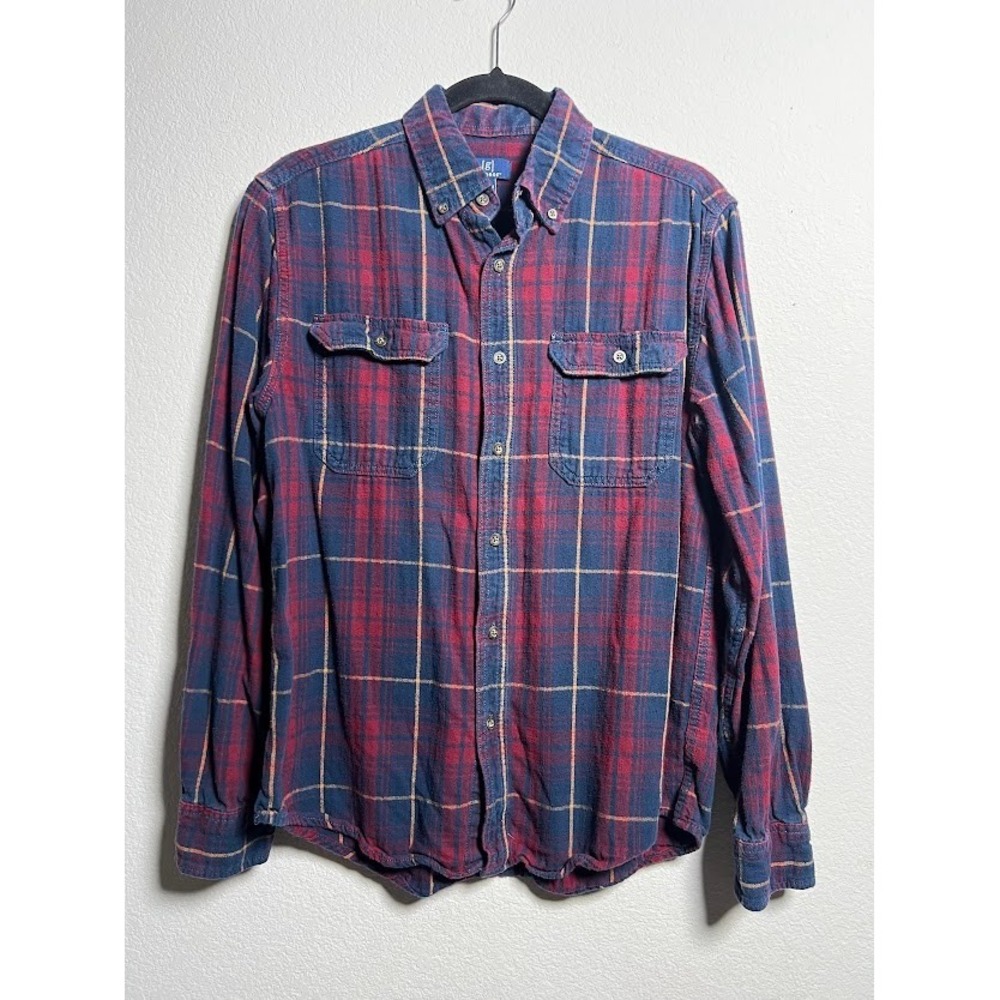 George Flannel Shirt M Burgundy Blue Plaid Mens Gorpcore Cotton Button Up 1324